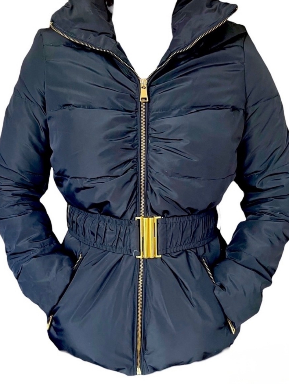 Cool Bebe Black Quilted Belted Puffer Jacket w/Gold Tone Hardware, Sz L! 🍁